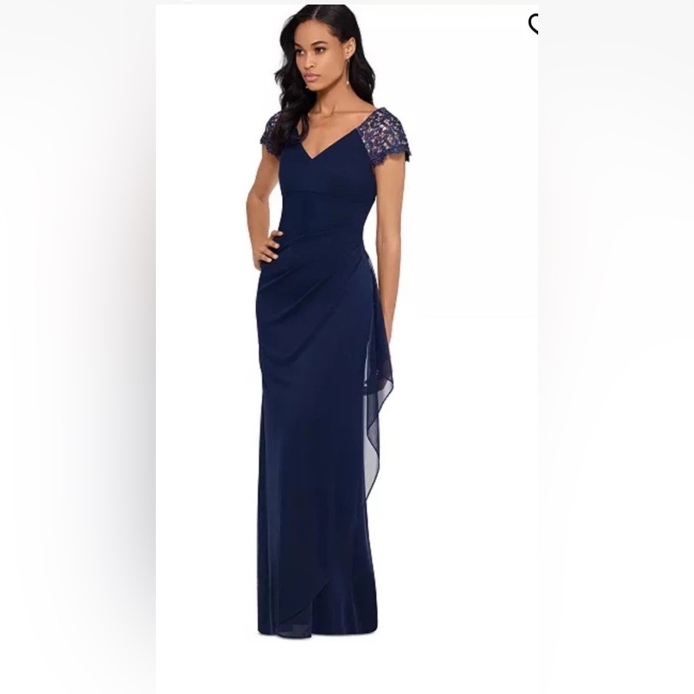 Xscape Navy Maxi Dress with Lace Sleeves - Picture 2 of 7